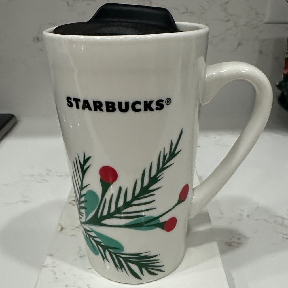 Starbucks Festive White Mug with Red and Green Design 14 oz